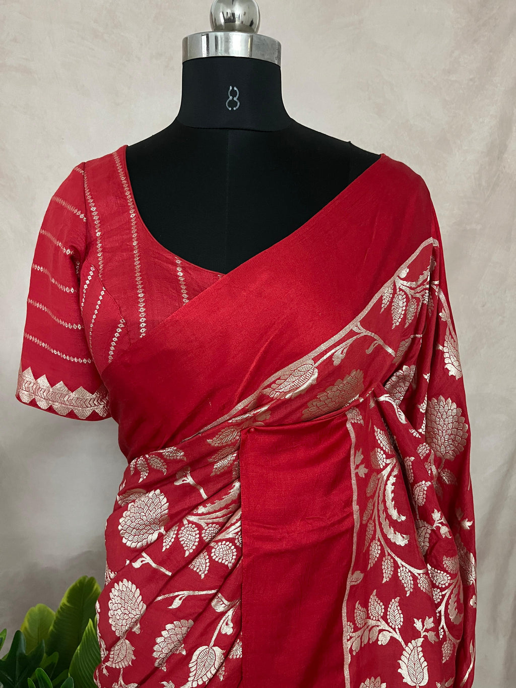 Red Jaal Weave Pure Munga Silk Saree with Stitched Blouse