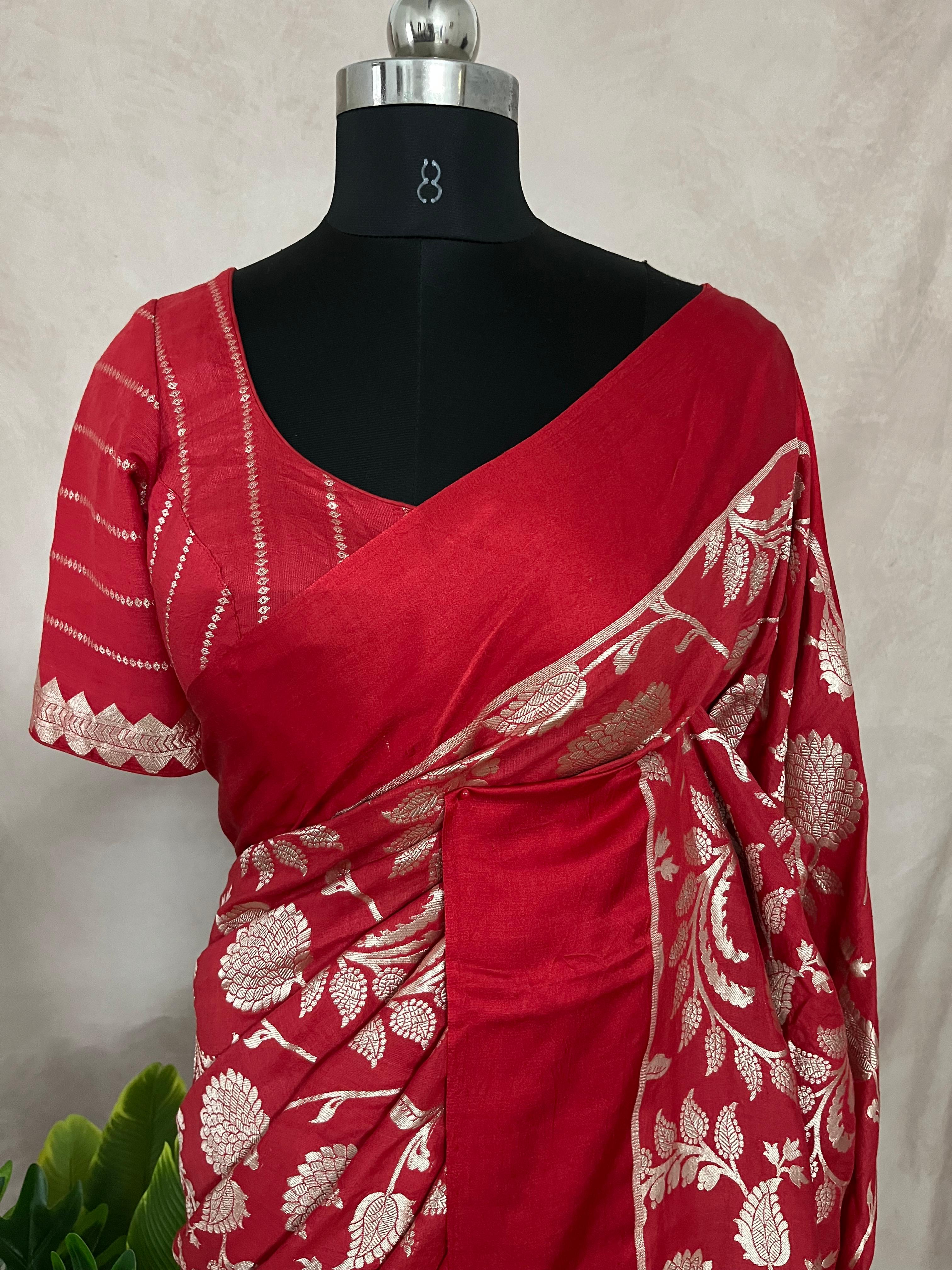 Red Jaal Weave Pure Munga Silk Saree with Stitched Blouse