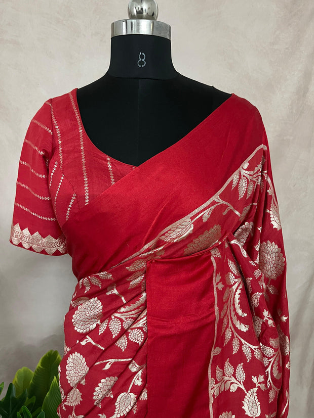 Jaal weave pure munga silk saree with Jaal weave and stitched blouse.