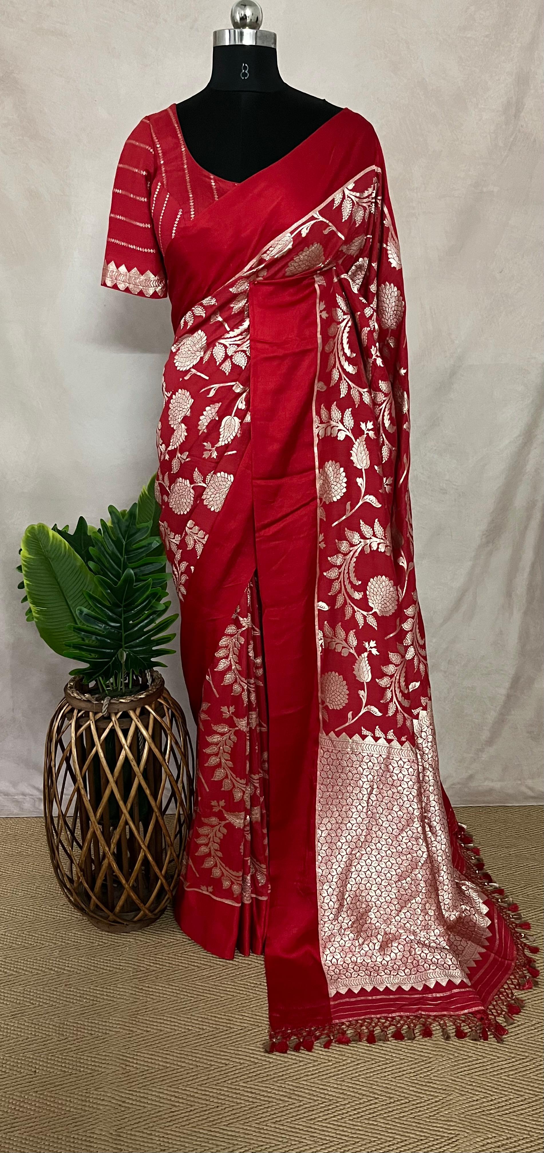 Red Jaal Weave Pure Munga Silk Saree with Stitched Blouse