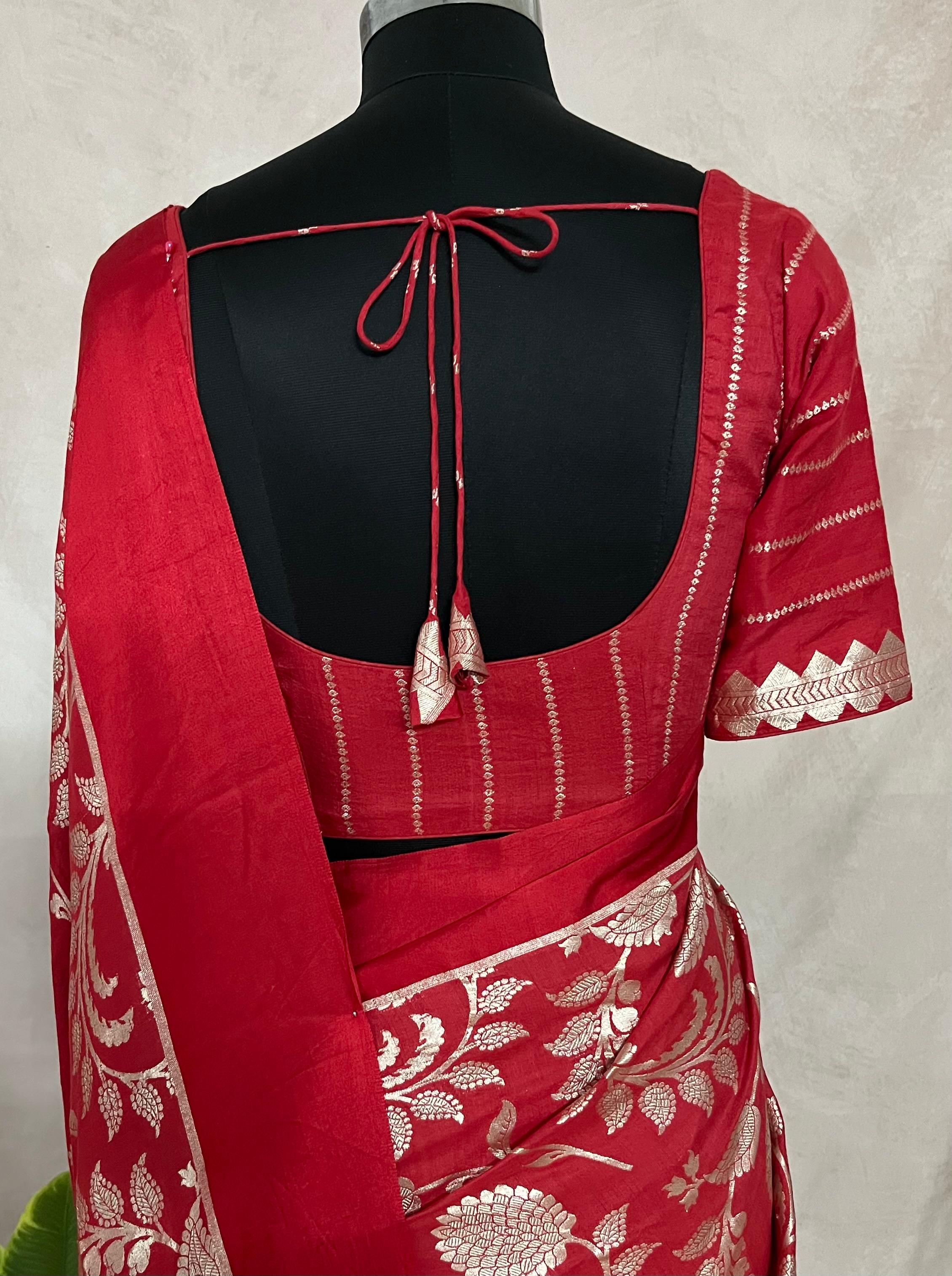 Red Jaal Weave Pure Munga Silk Saree with Stitched Blouse