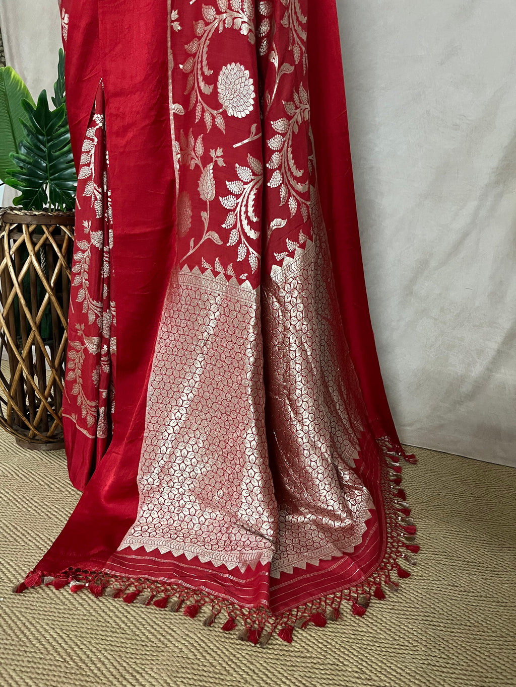Red Jaal Weave Pure Munga Silk Saree with Stitched Blouse