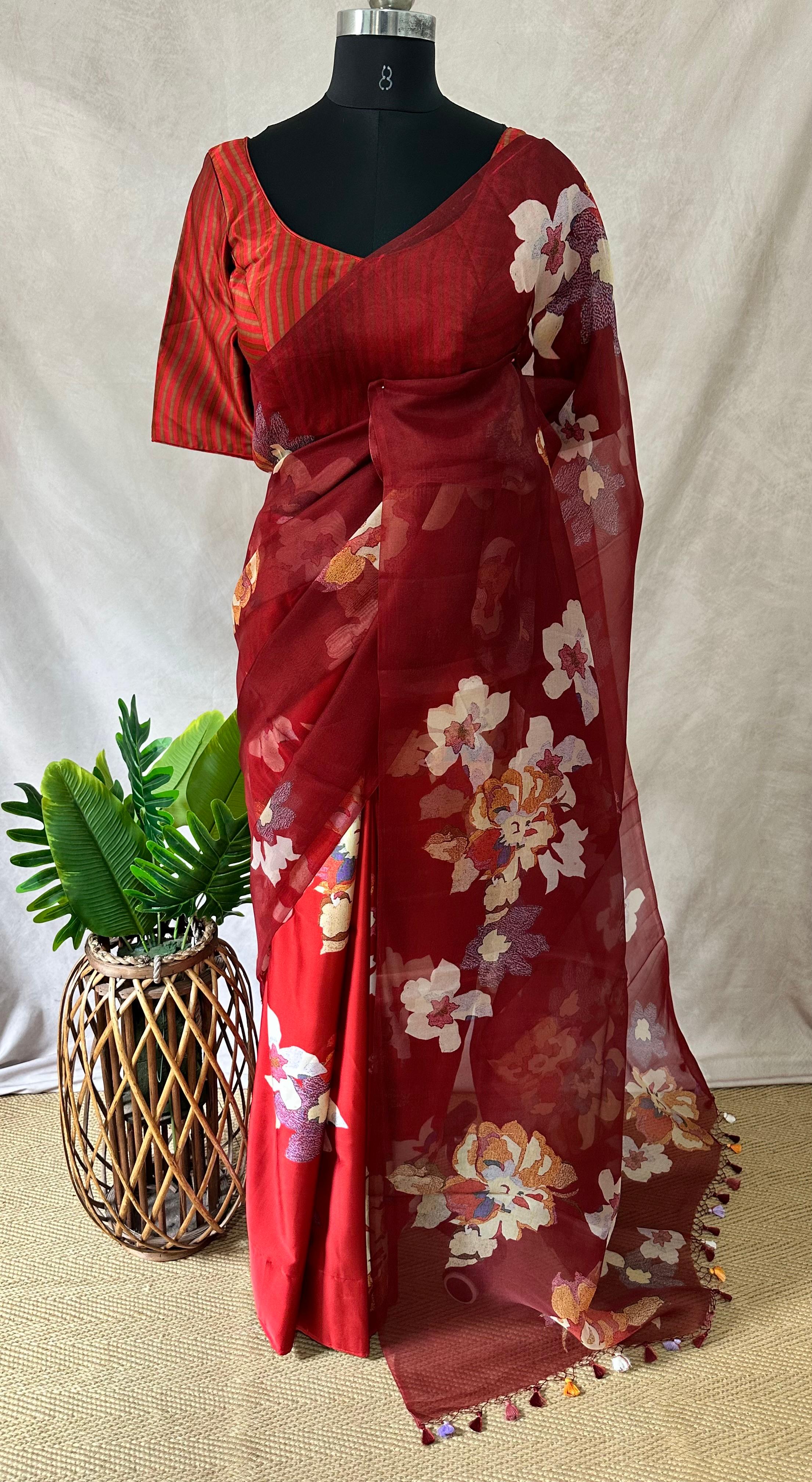 Dark Red printed organza silk saree with stitched blouse
