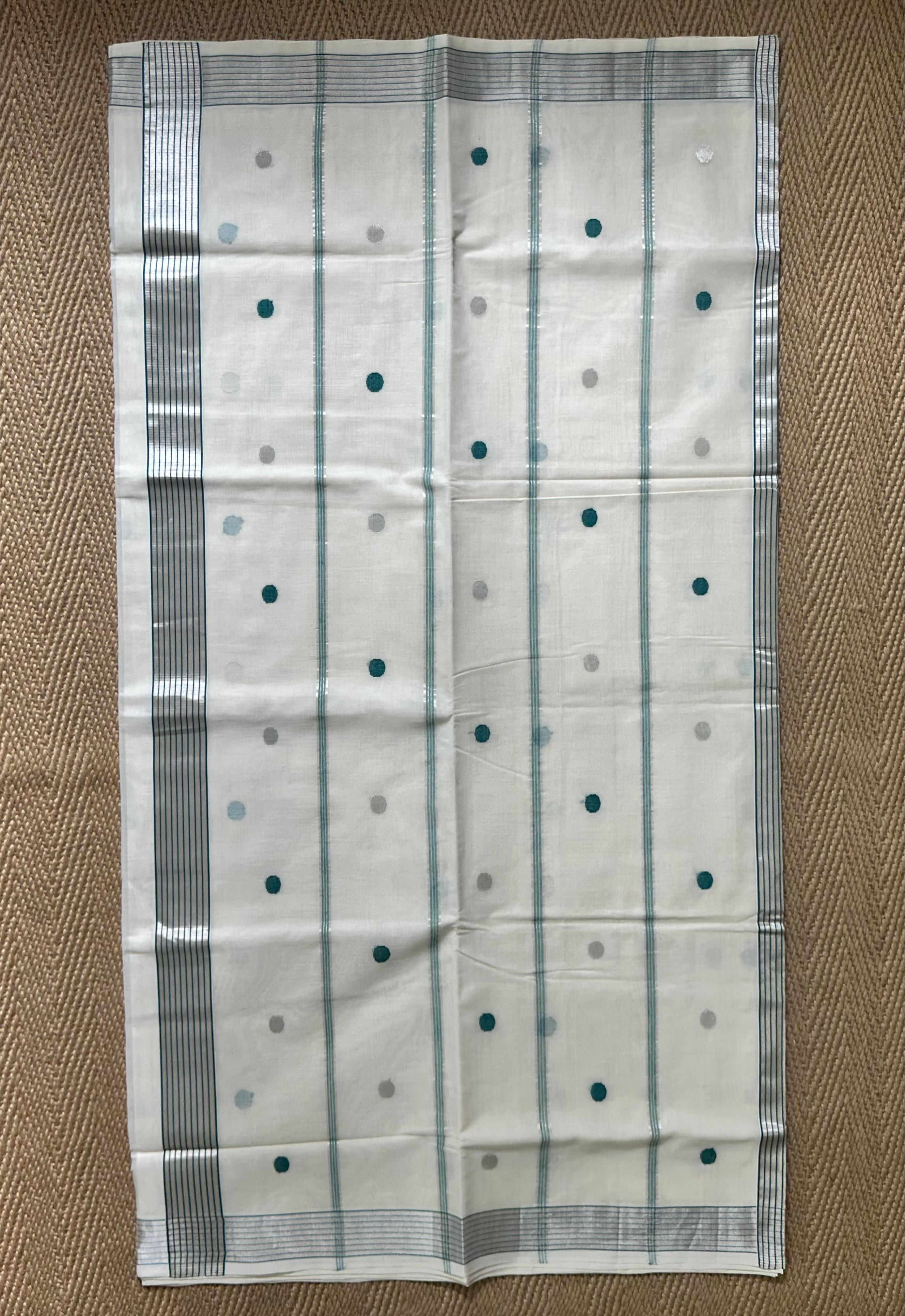 Silver and peacock blue handloom saree