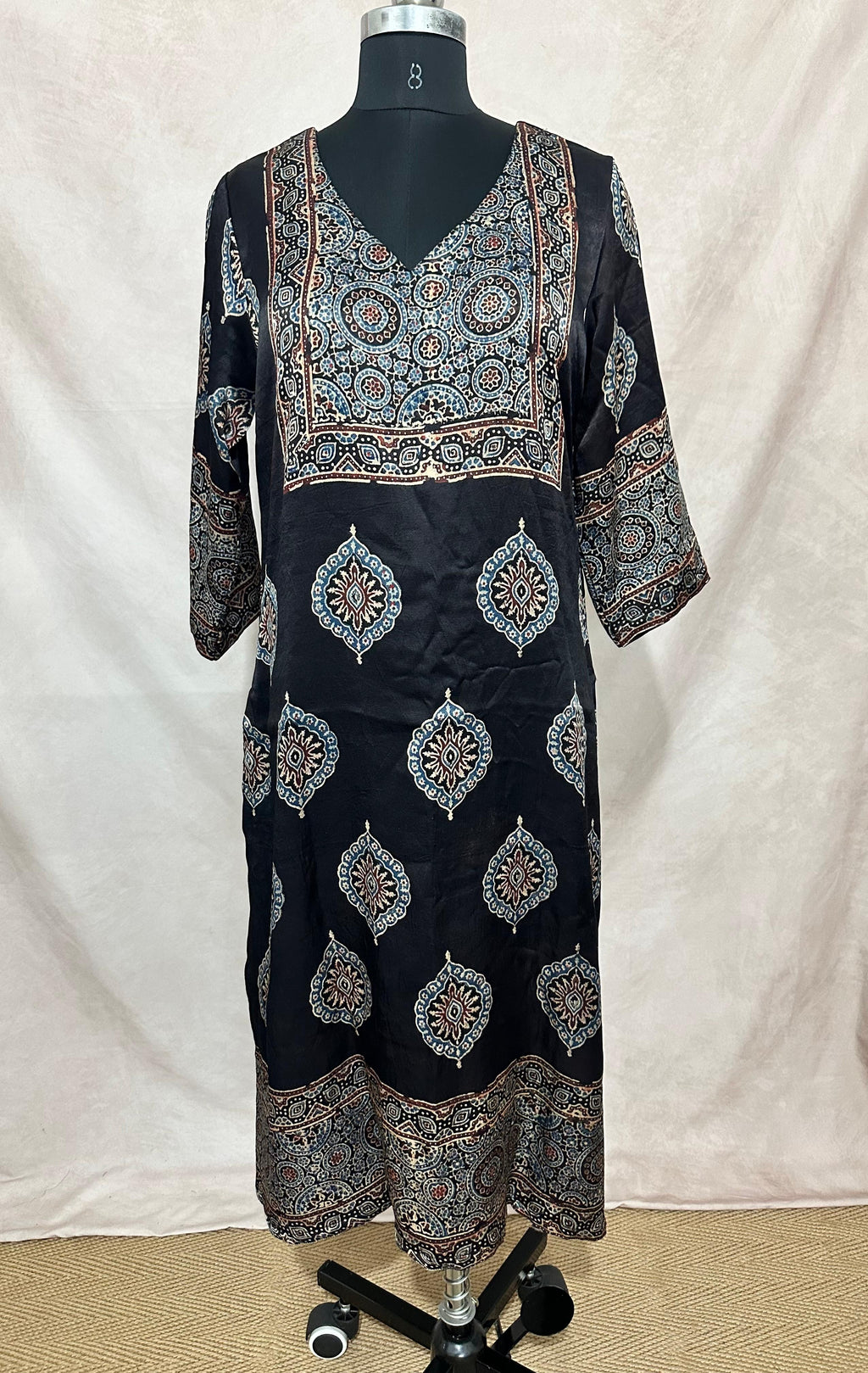 Black mashru silk kurti with ajrakh hand block print