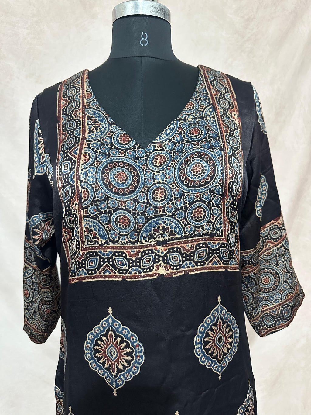Black mashru silk kurti with ajrakh hand block print