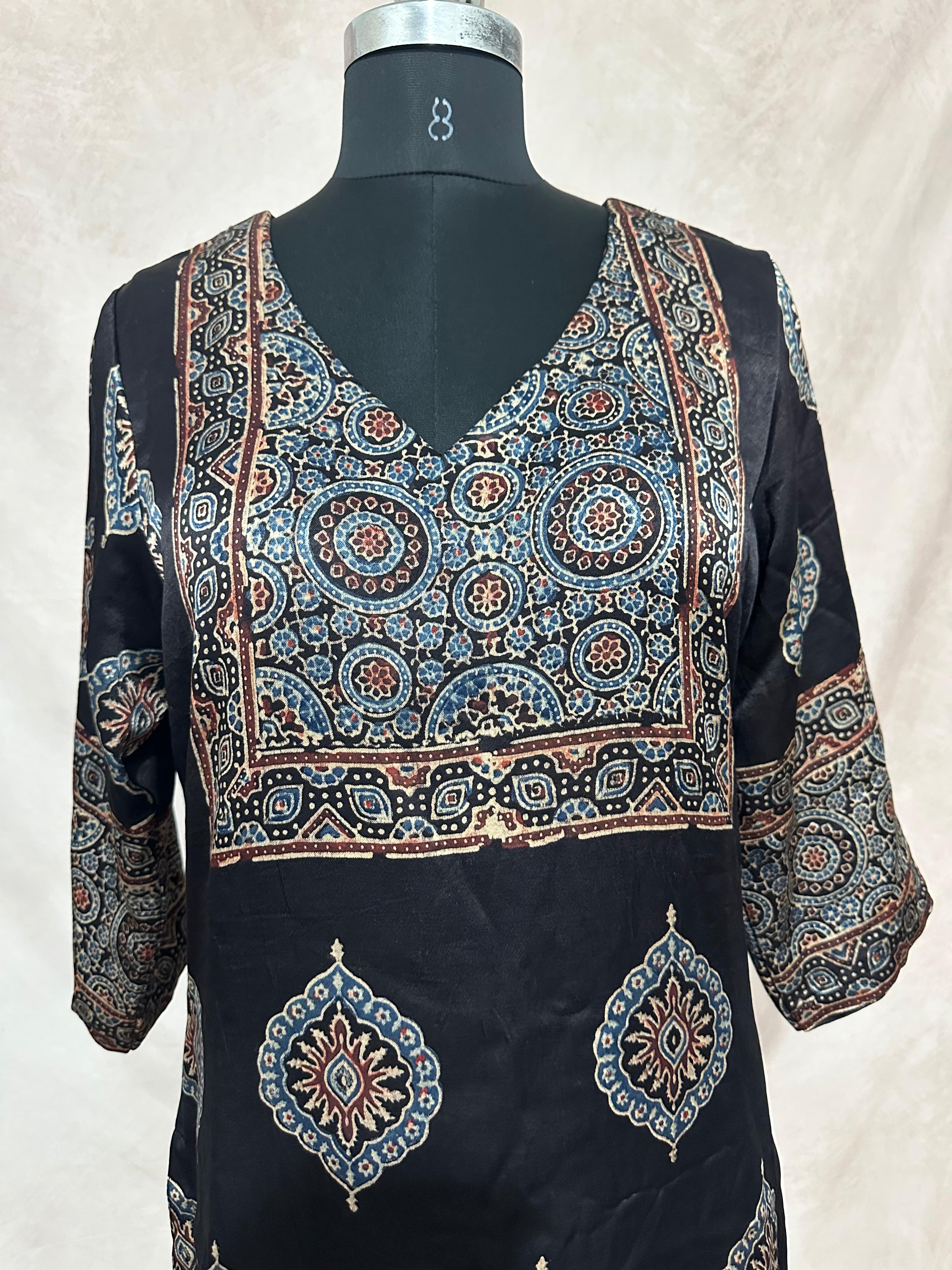 Black mashru silk kurti with ajrakh hand block print
