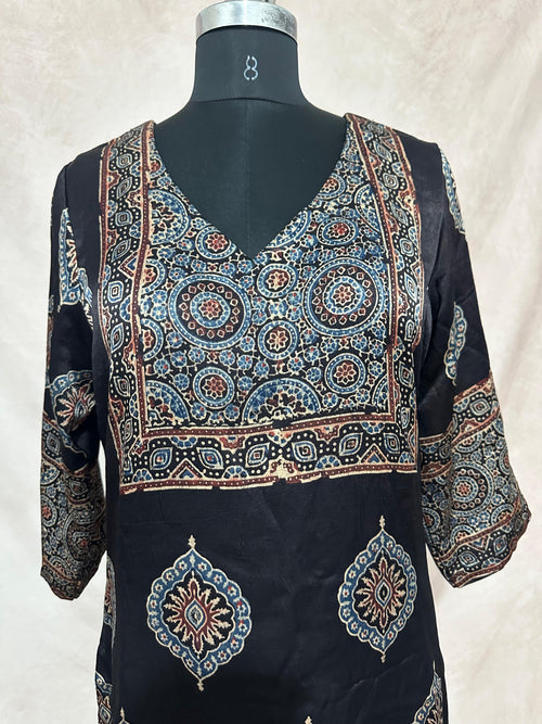 Black mashru silk kurti with ajrakh hand block print