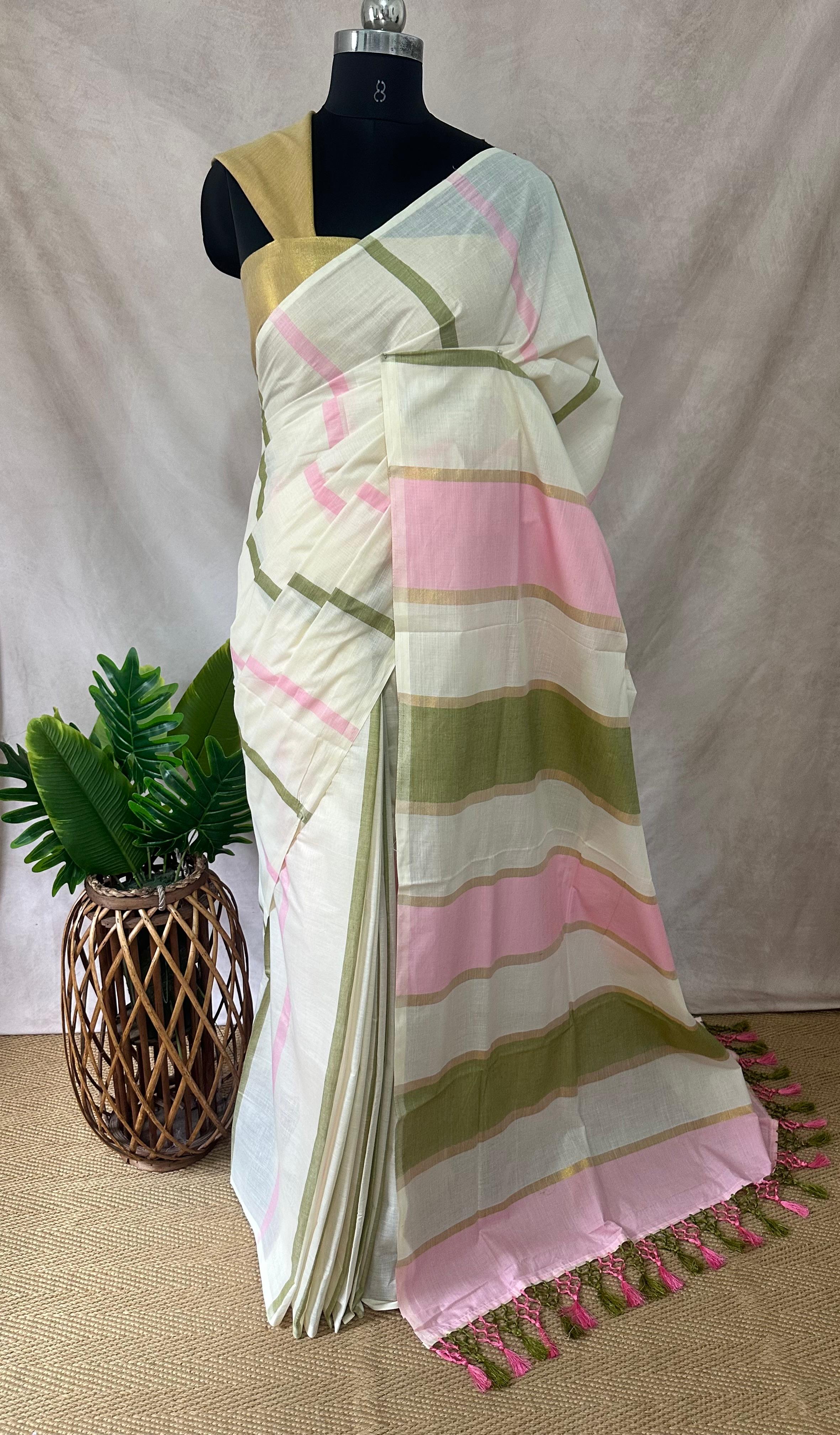 Cotton set saree with light green and pink stripes