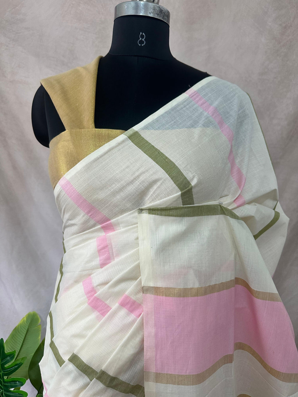 Cotton set saree with light green and pink stripes