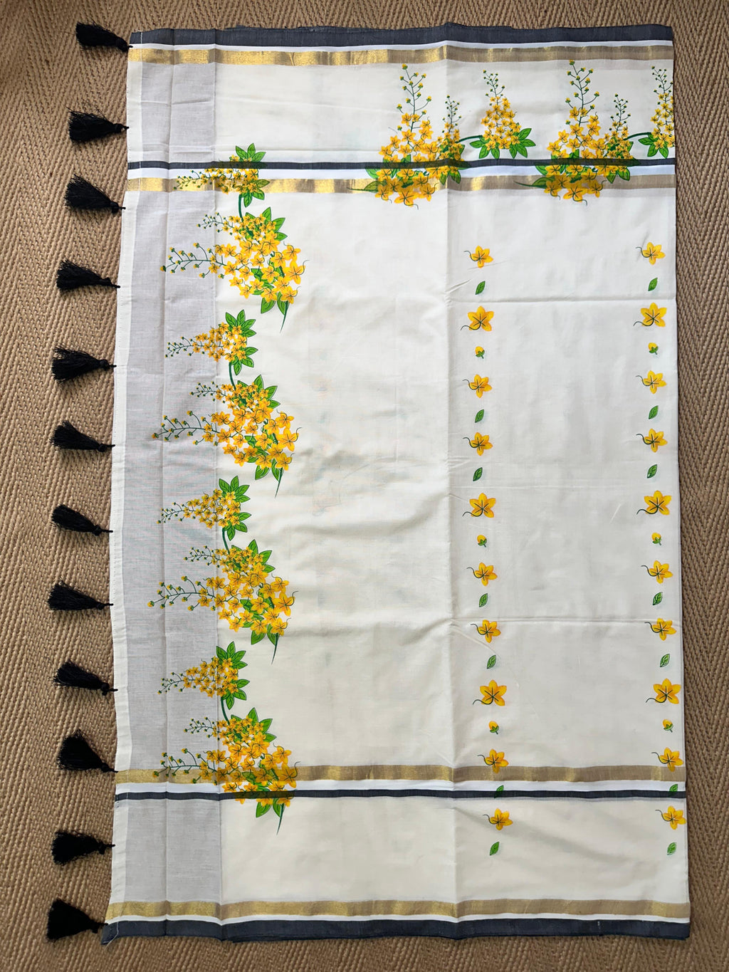 Mul cotton set saree with black and gold border with kanikonna print