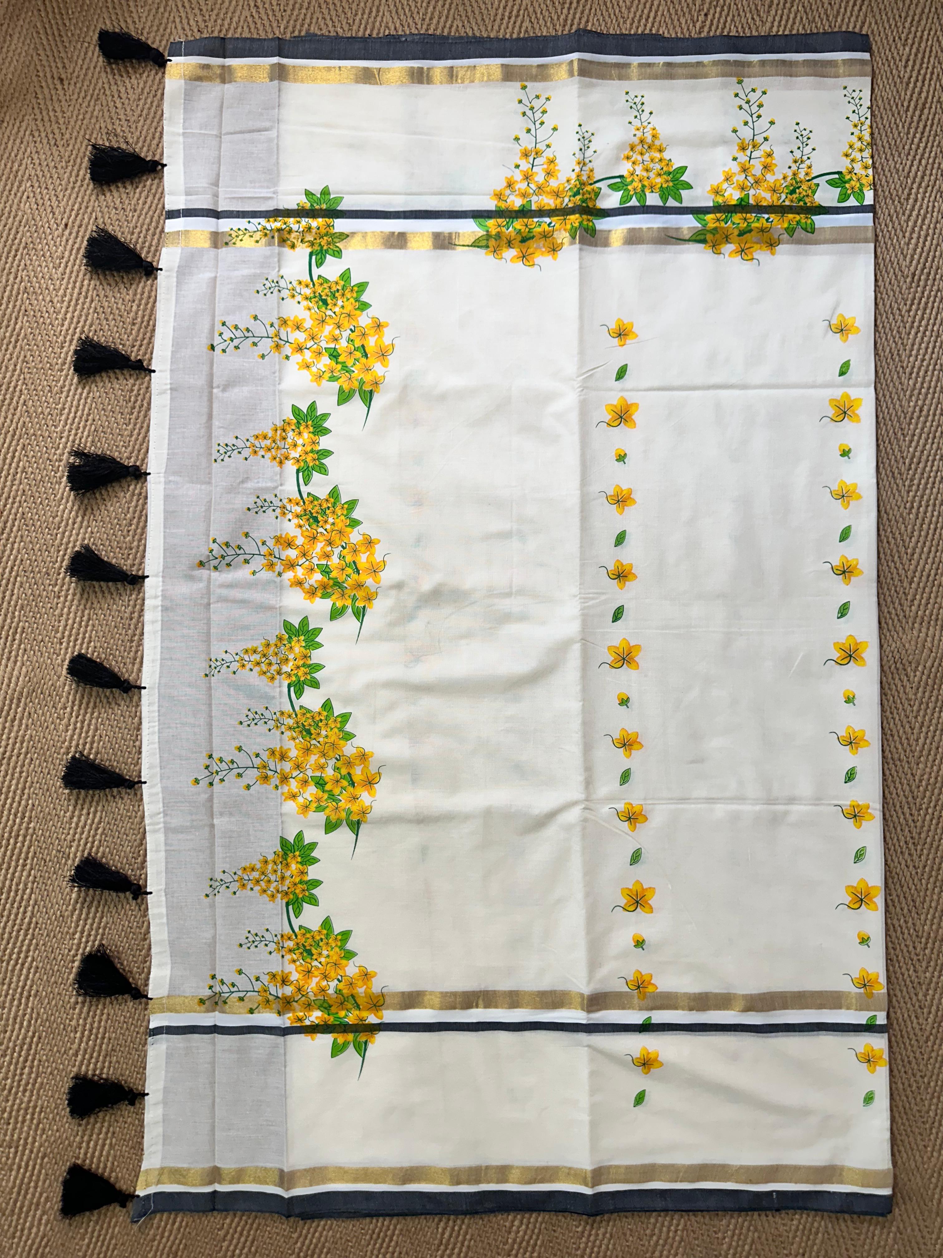 Mul cotton set saree with black and gold border with kanikonna print