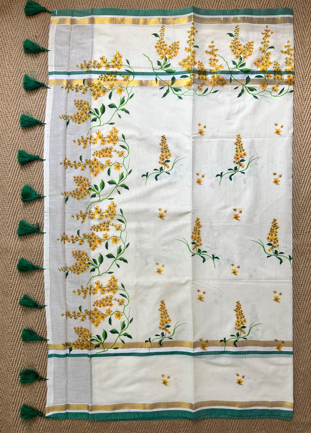 Mul cotton set saree with green and gold border with kanikonna print