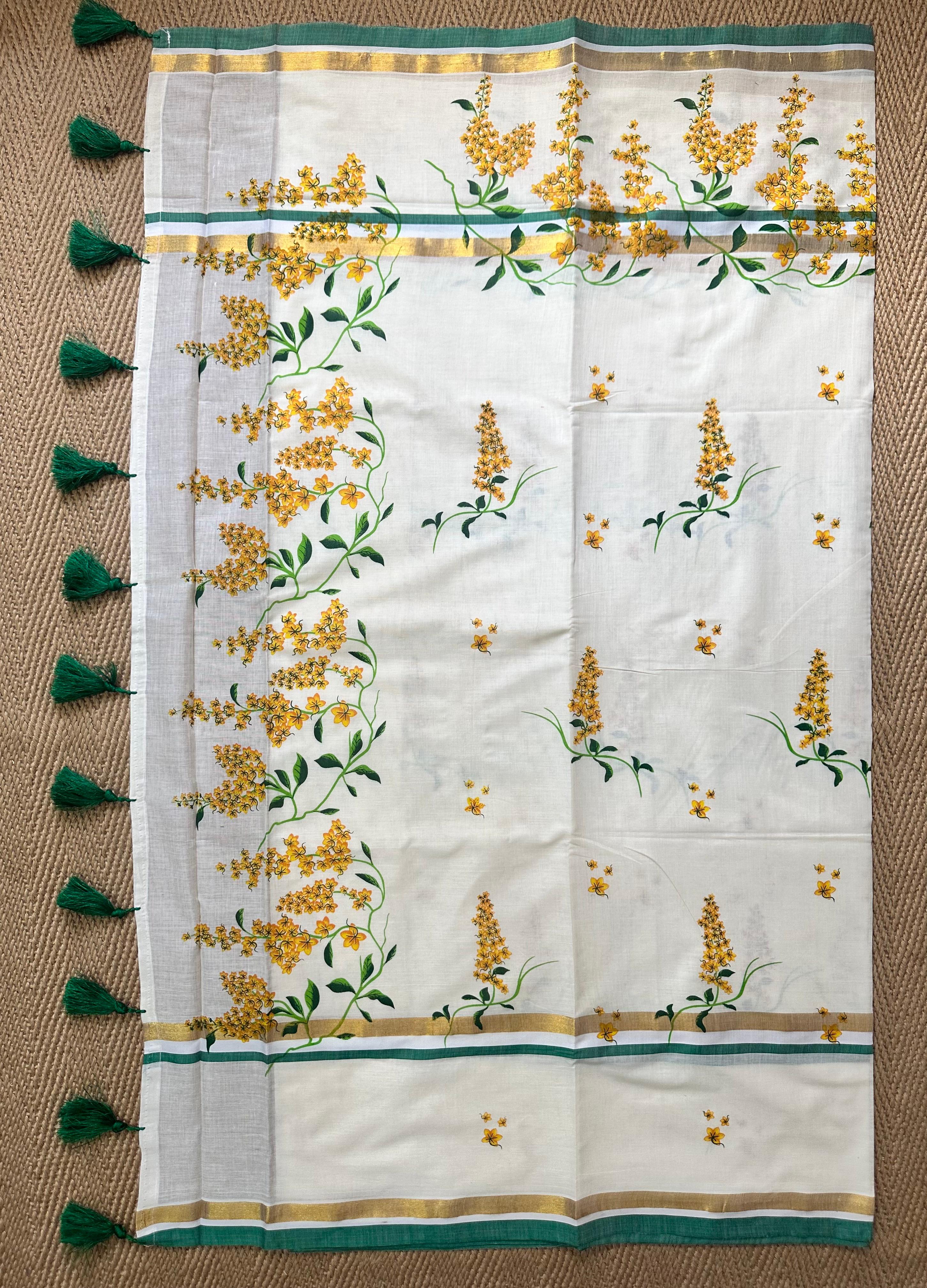 Mul cotton set saree with green and gold border with kanikonna print