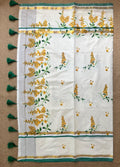 Mul cotton set saree with green and gold border with kanikonna print