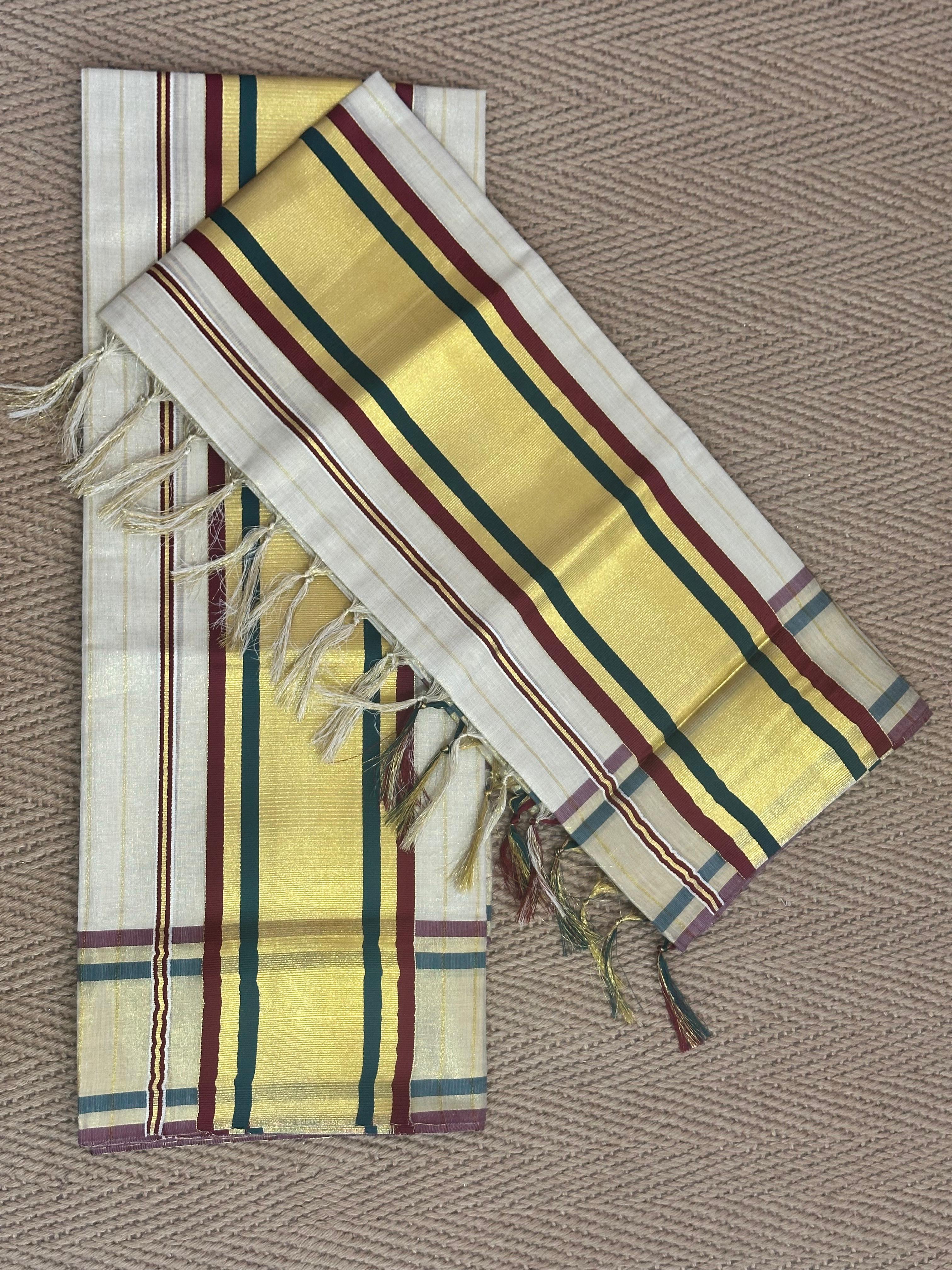 Tissue Set mundu with green and maroon border