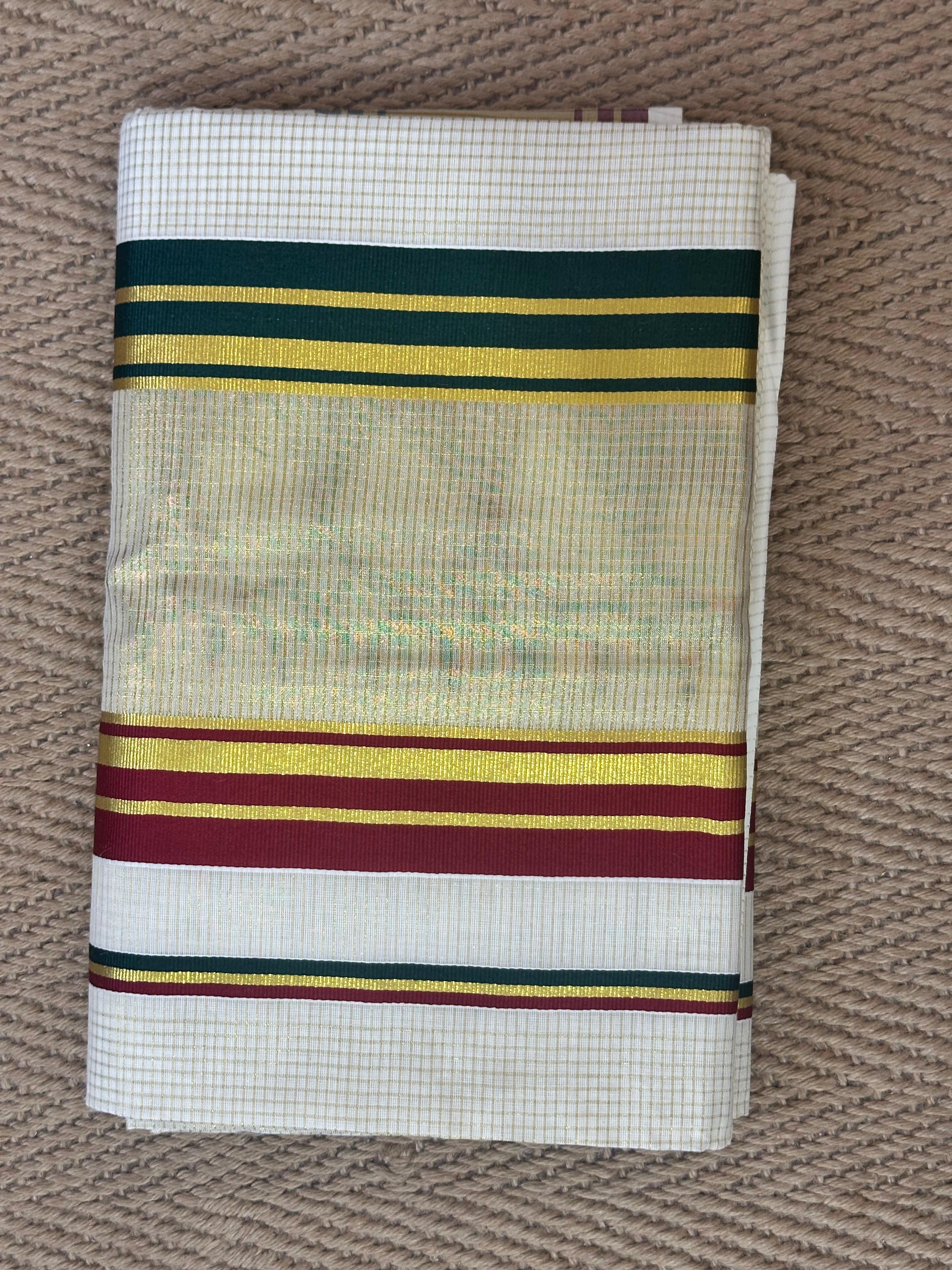 set saree with green and maroon border and gold lines