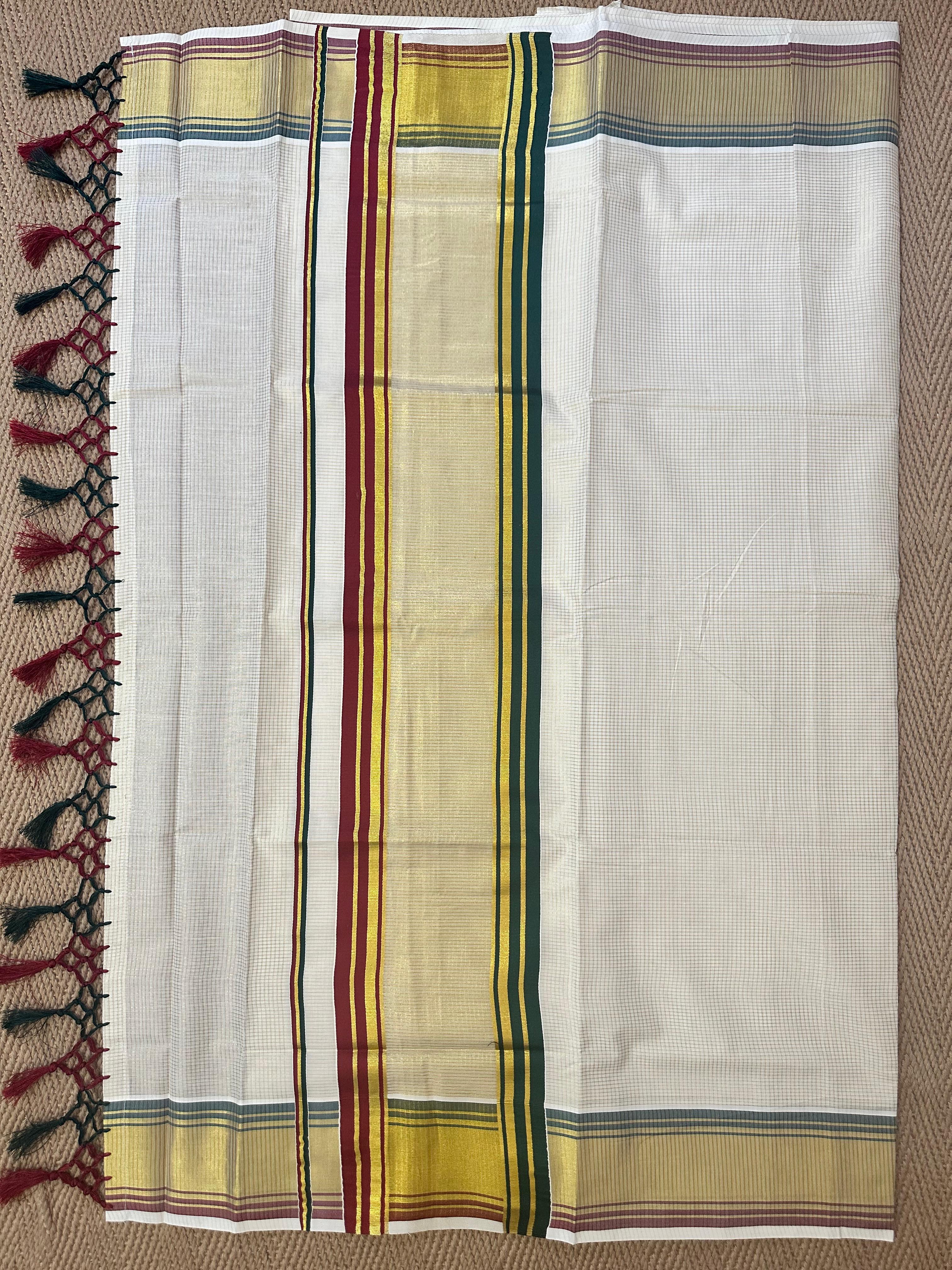 set saree with green and maroon border and gold lines