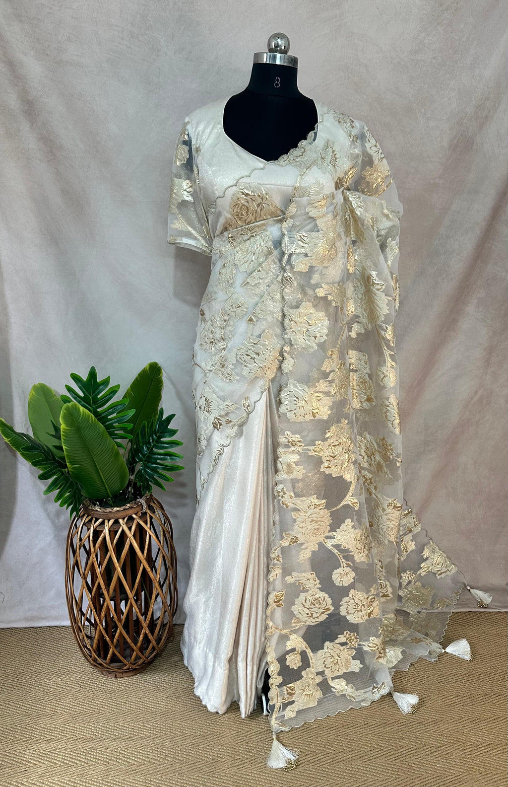 Off white turkkish organza saree with stitched blouse