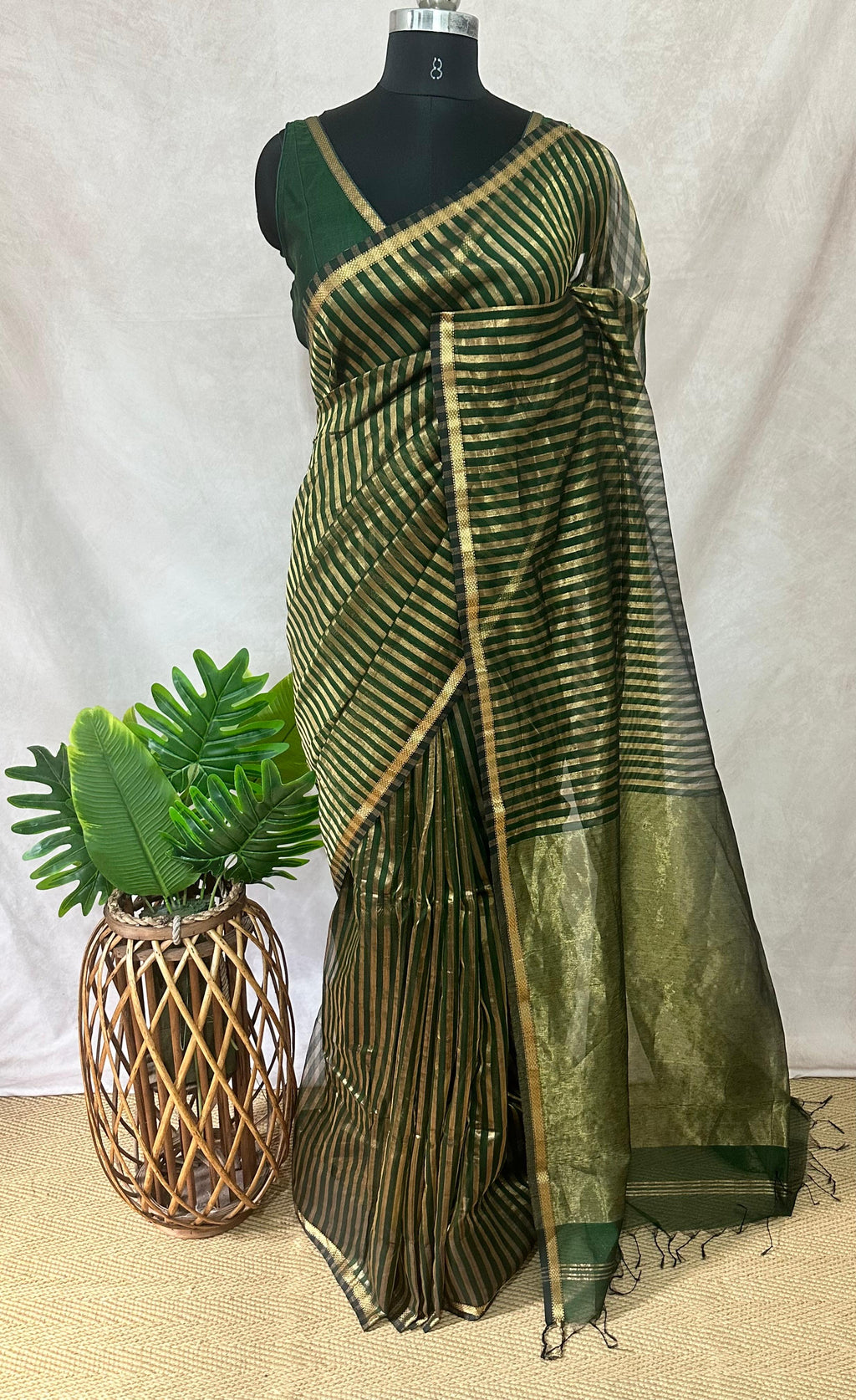 Maheshwari tissue silk saree with stripe and stitched blouse