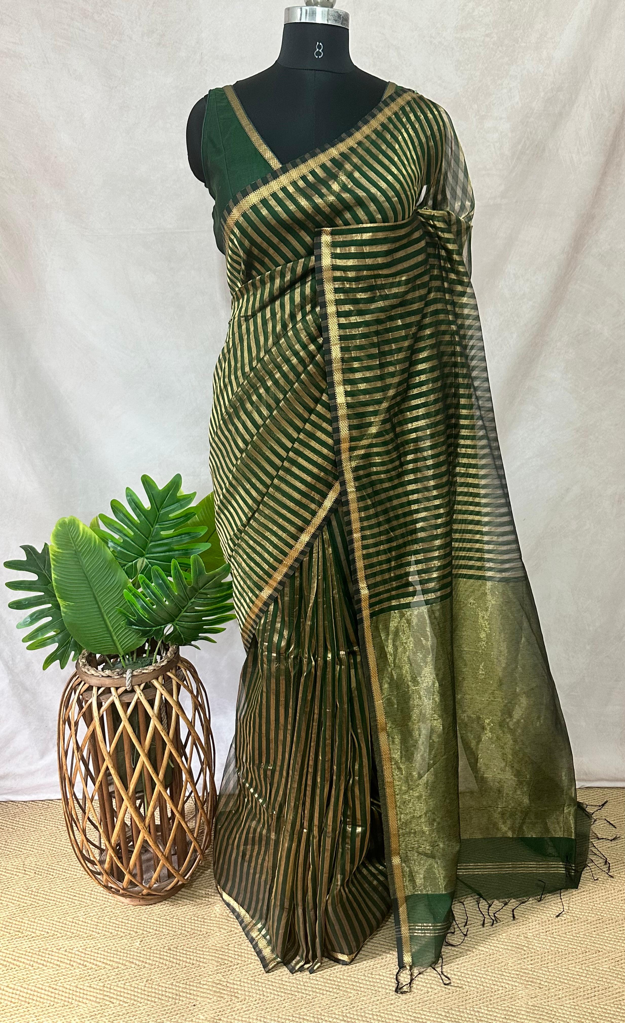 Maheshwari tissue silk saree with stripe and stitched blouse