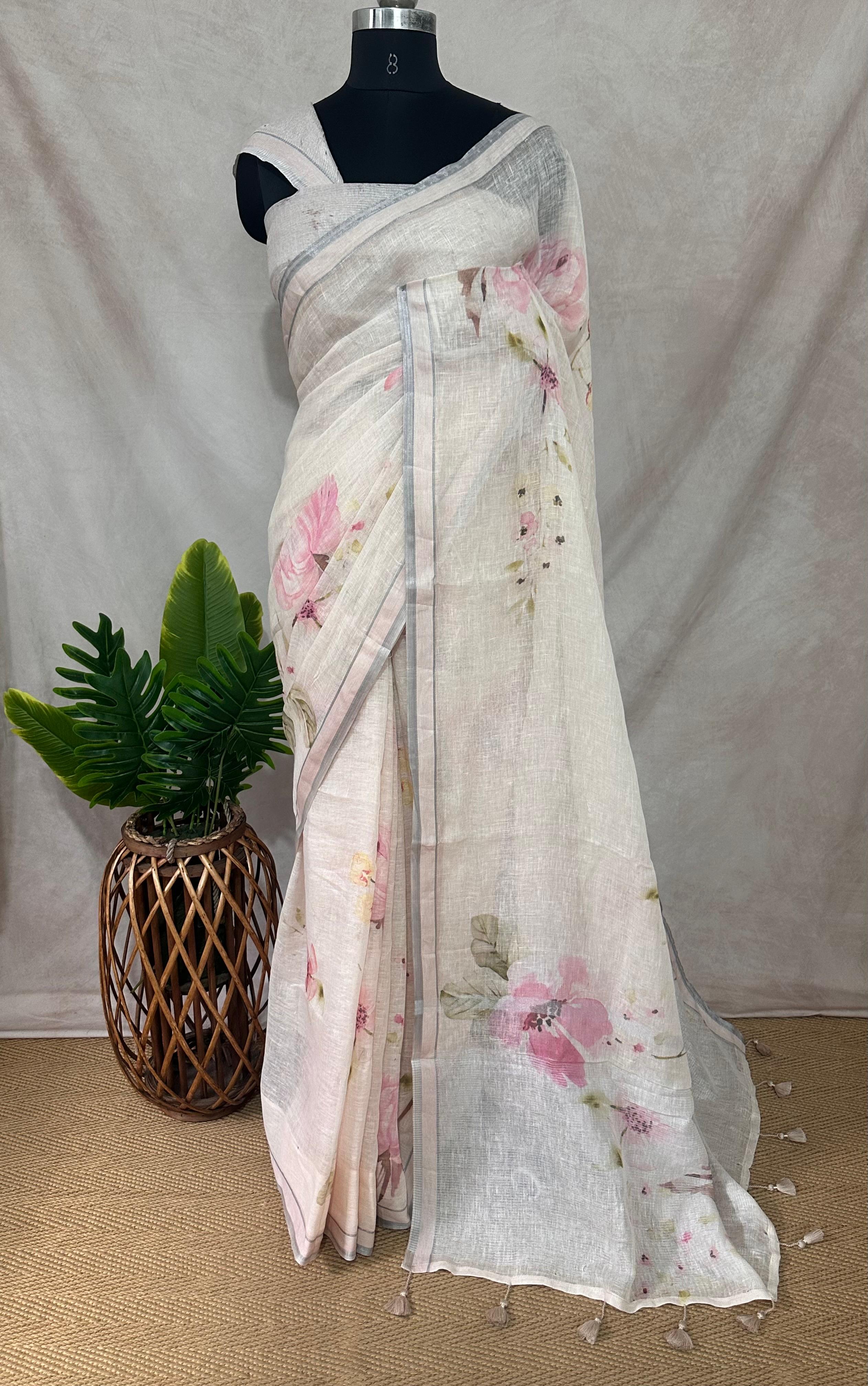 Linen floral digital Printed saree , with BP