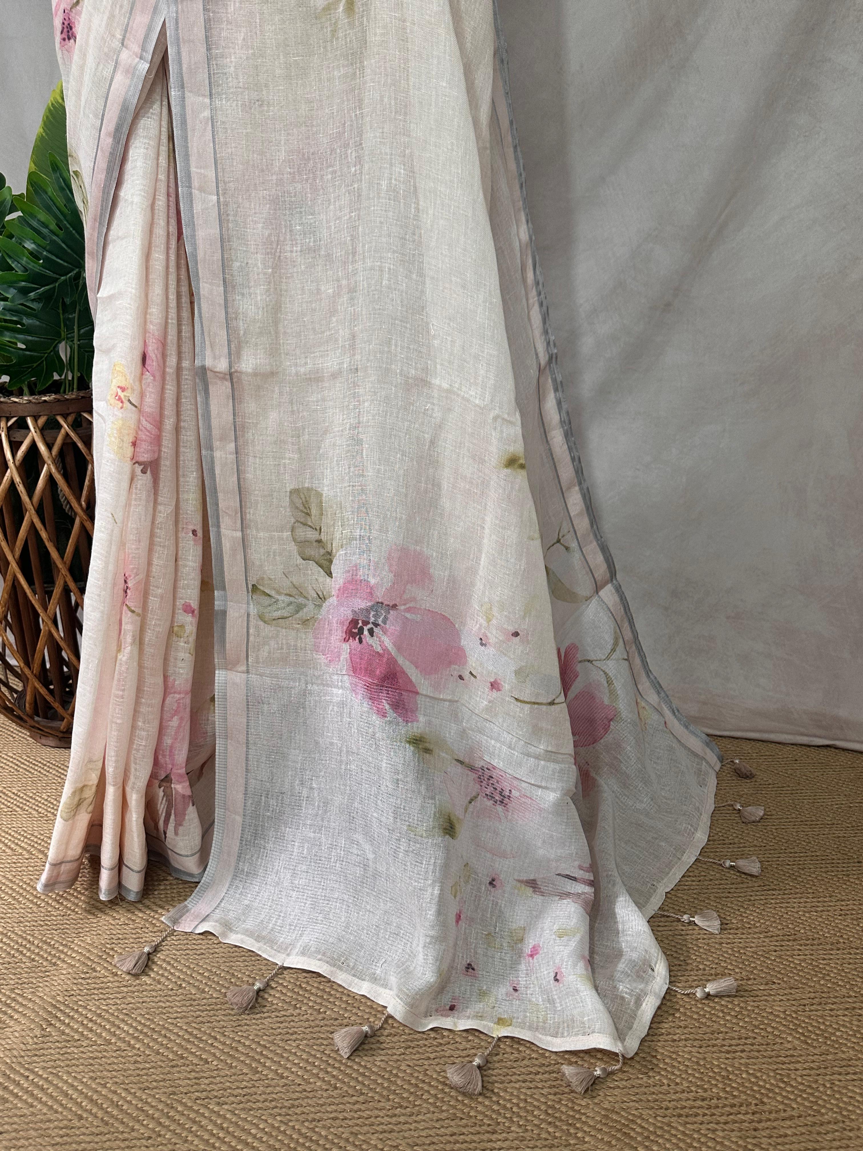 Linen floral digital Printed saree , with BP