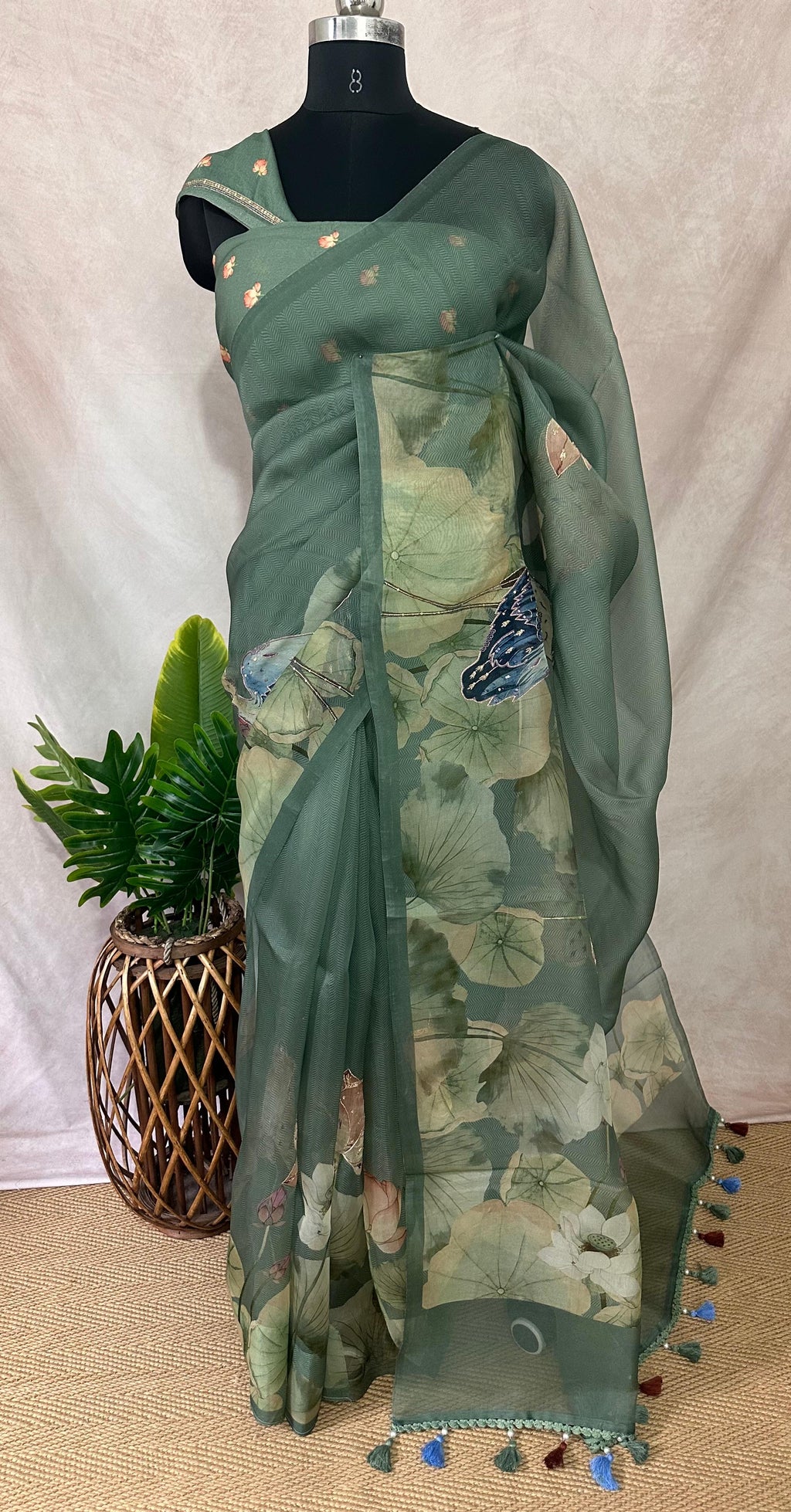 Silk organza saree with digital print and highlighted with ari work, with BP