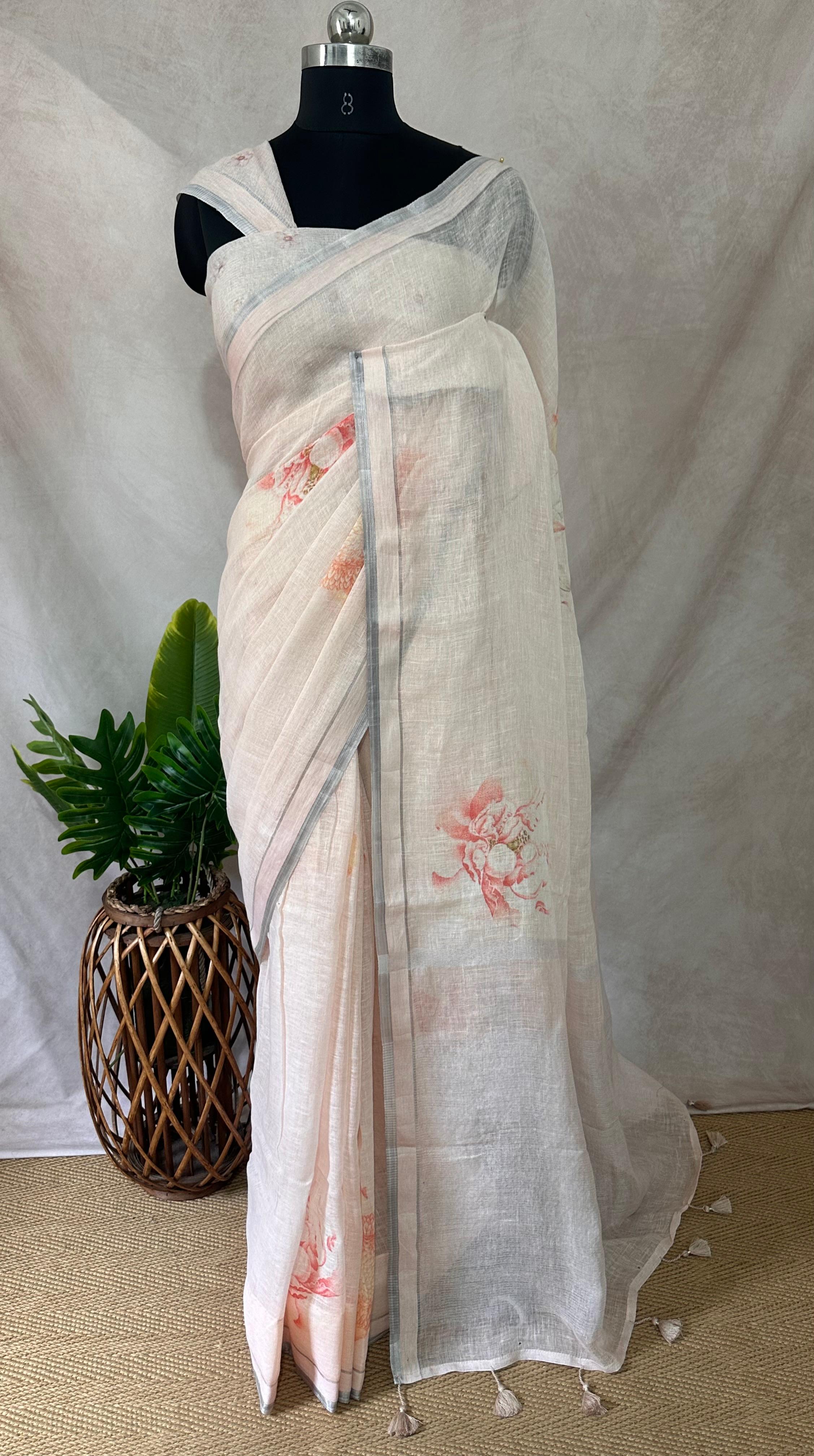 Linen floral digital Printed saree , with BP