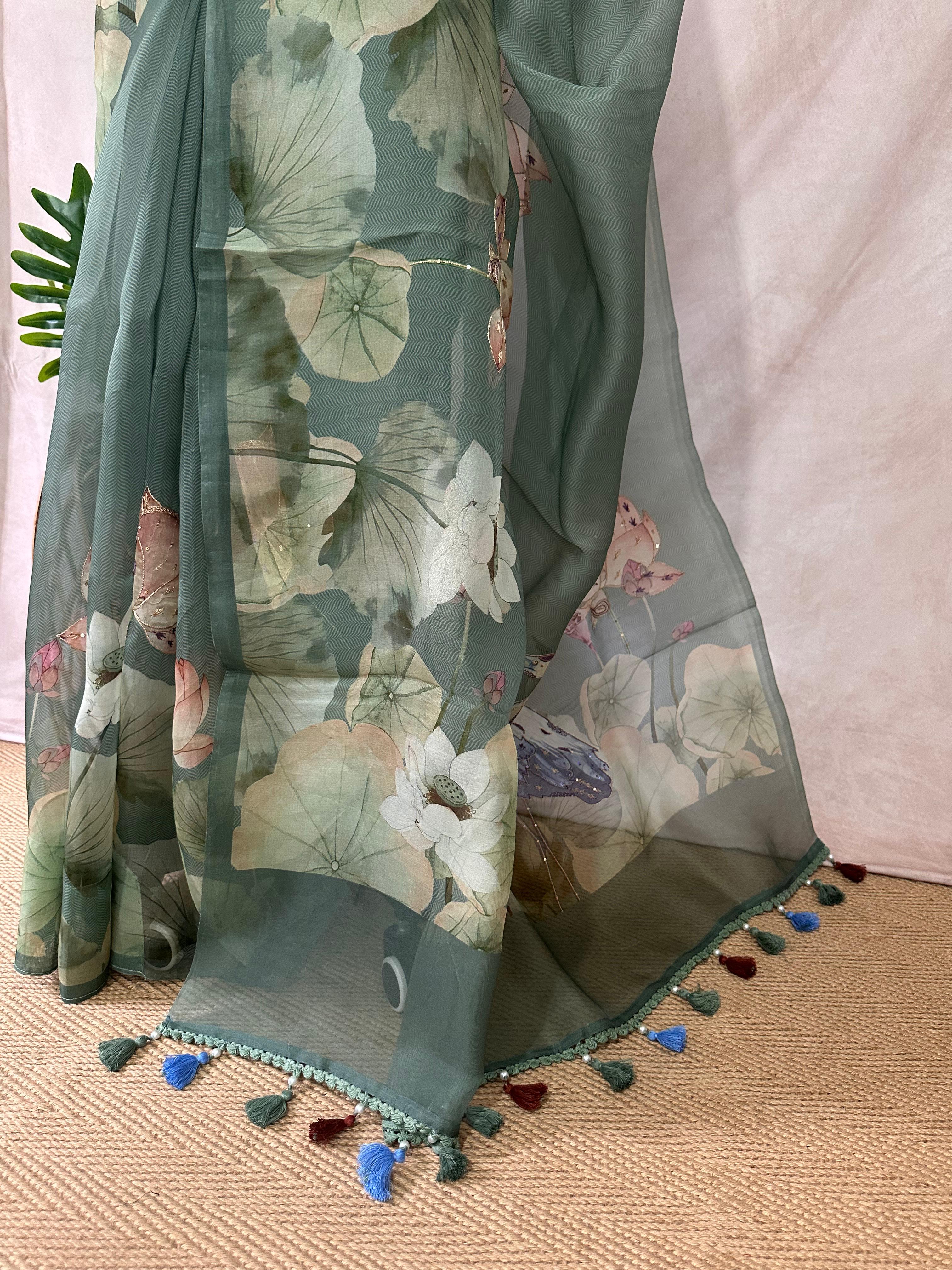 Silk organza saree with digital print and highlighted with ari work, with BP