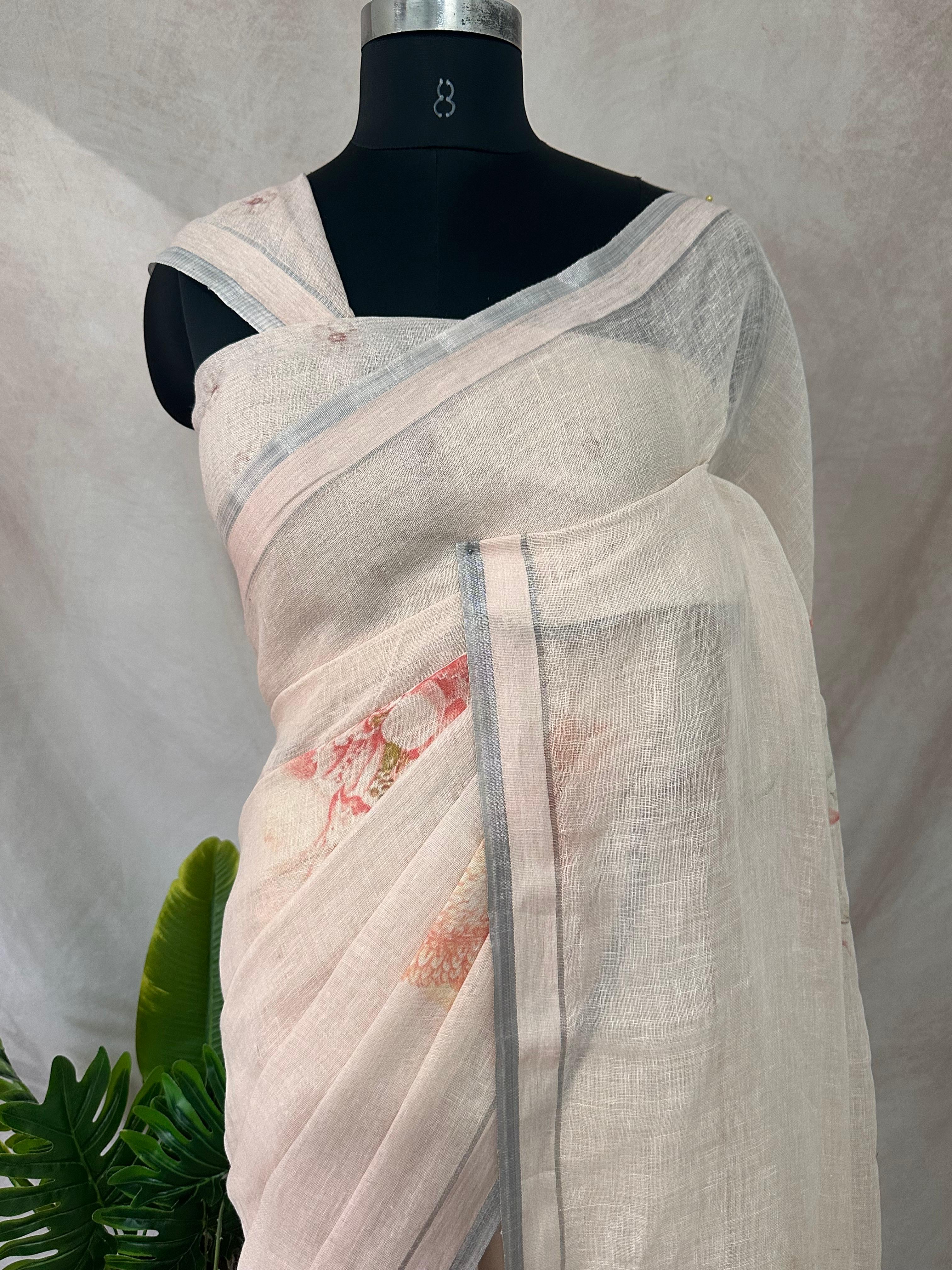 Linen floral digital Printed saree , with BP