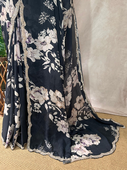 Black designer Crepe saree with floral print and desiger blouse