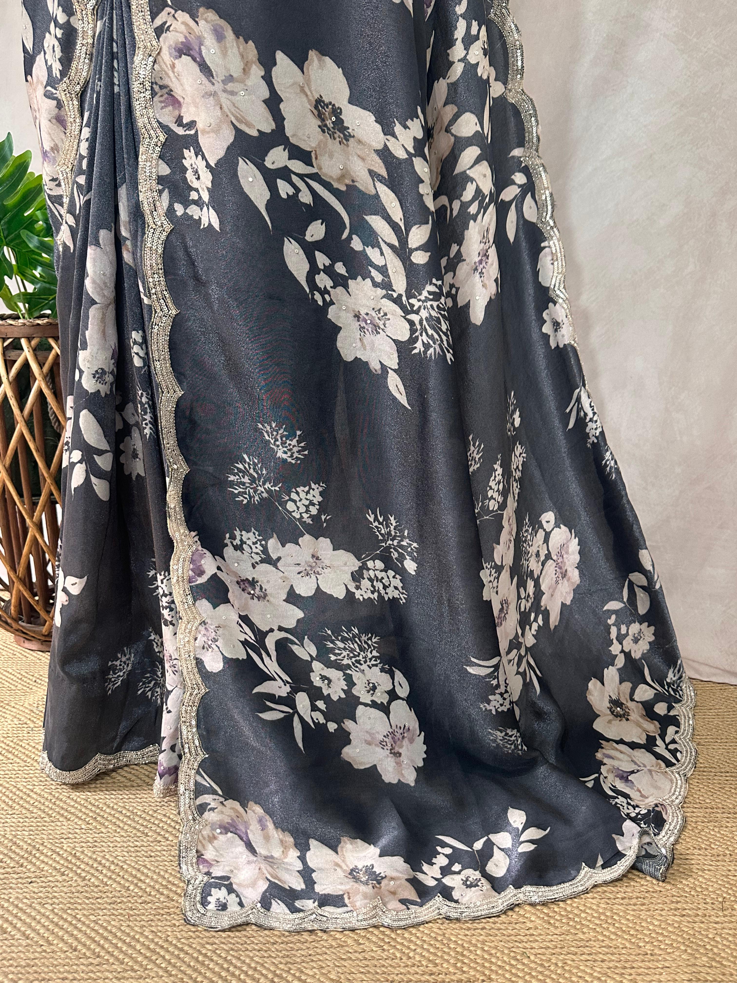 Black designer Crepe saree with floral print and desiger blouse