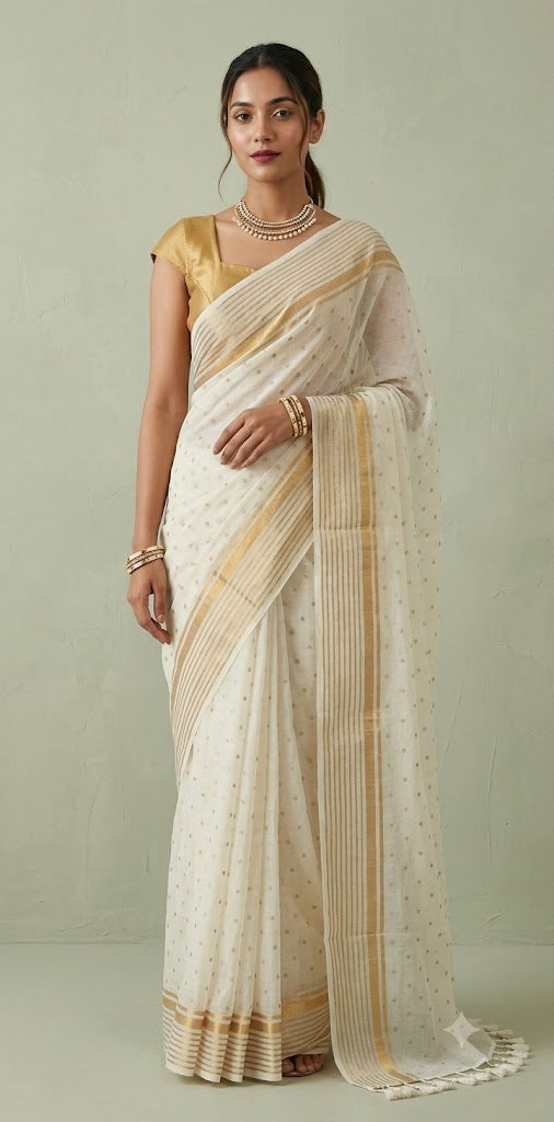 Small polka dot printed 120 count mulcotton saree