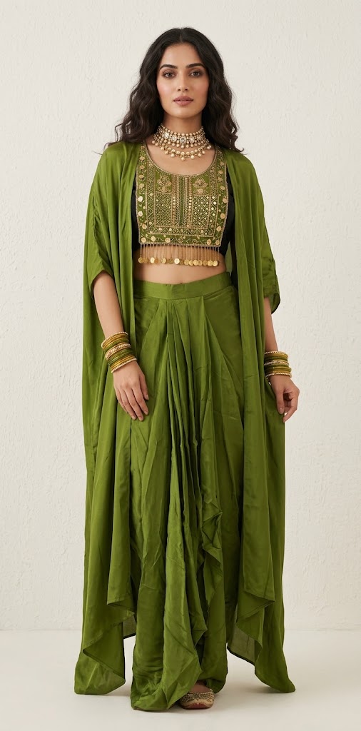 Mehandi green crepe top with drape skirt