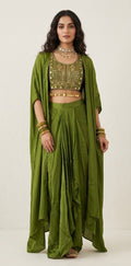 Mehandi green crepe top with drape skirt