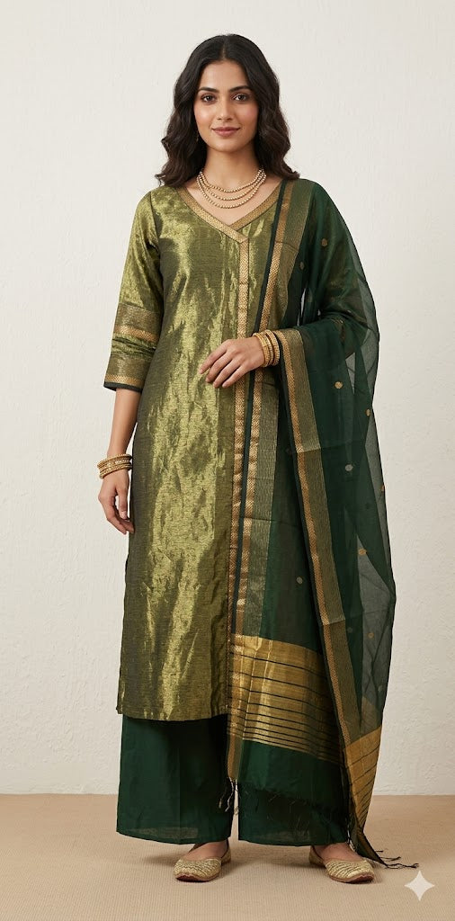 Maheshwari tissue cotton kurti with bottom and dupatta