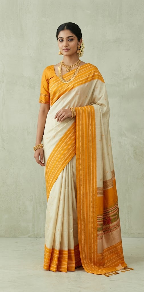 Asam silk saree with green border and stitched blouse