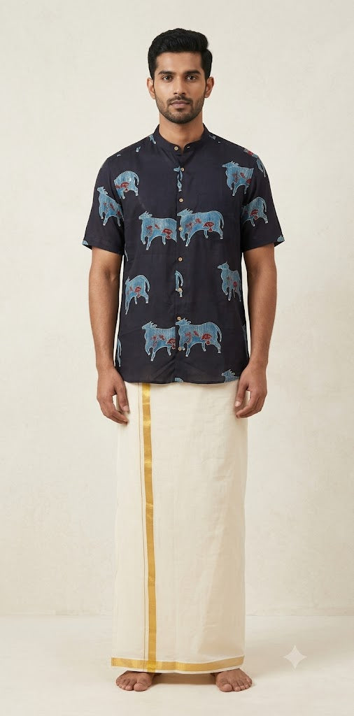 Ajrakh handblock printed Mandarin colar shirts in pure modal silk