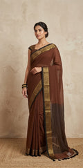 Brown jaquard temple border 120 count mulcotton saree
