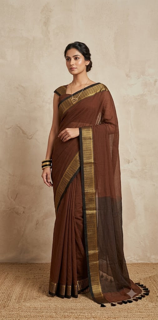 Brown jaquard temple border 120 count mulcotton saree