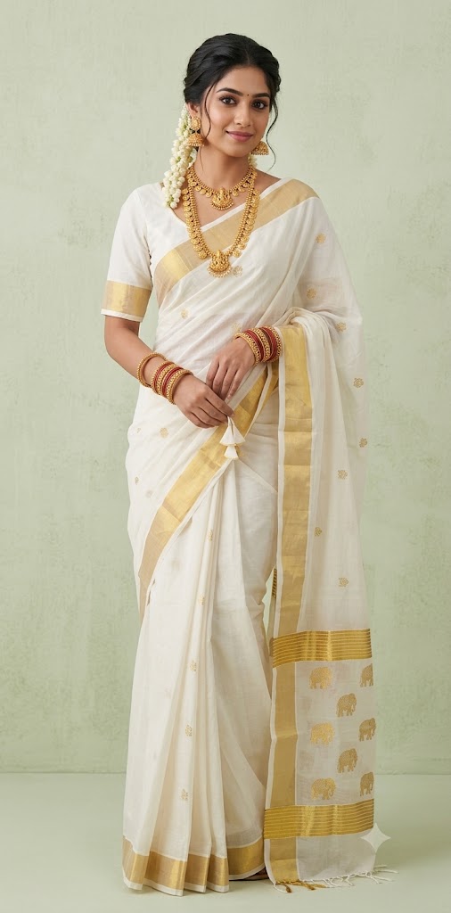 Handloom kerala kasavu saree with stitched blouse