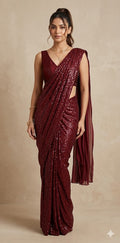 Ready made pre pleated maroon sequins saree with designer blouse