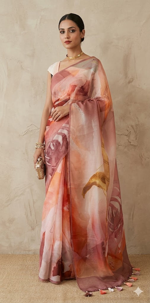 Silk organza saree with digital print and highlighted with ari work, with BP