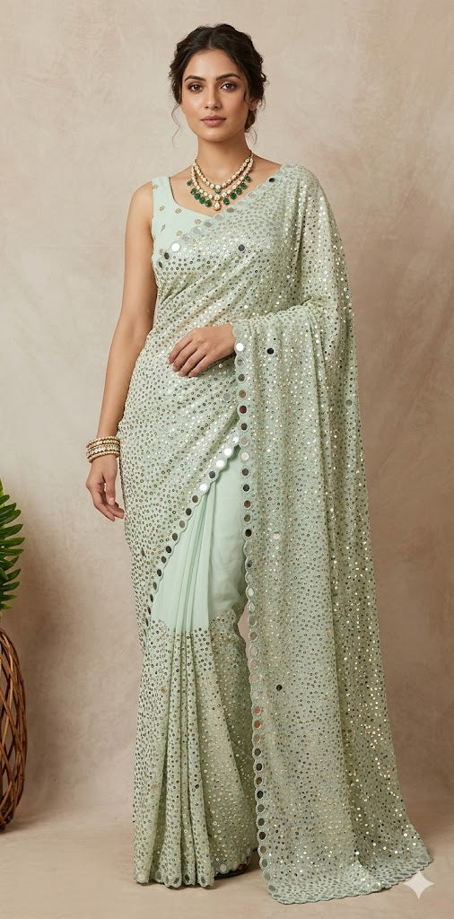 Designer saree with sequins and mirror, stitched blouse and under skirt
