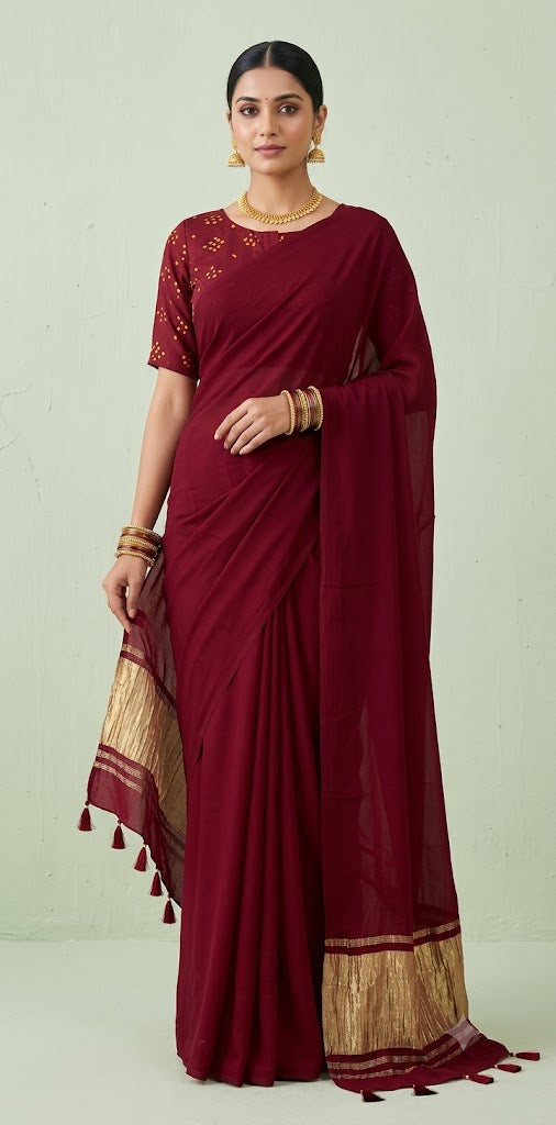 Crepe silk saree with bandini and kutch embroidery blouse