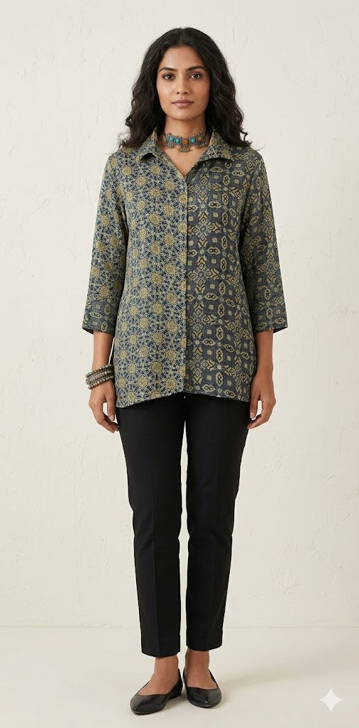Pure Modal silk shirt with hand block print