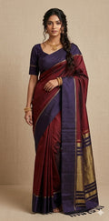 Brickred red and navy blue combo pure kanchivaram soft silk saree with stitched blouse