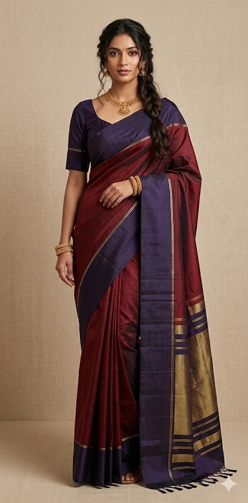 Brickred red and navy blue combo pure kanchivaram soft silk saree with stitched blouse