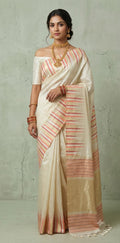 Off white Semi silk saree with peach and gold temple border